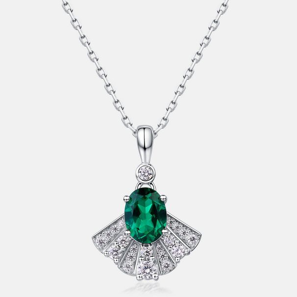 Small skirt fan shaped bright necklace S925 silver cultivated emerald retro clavicle chain light luxury_ipsvogv.com