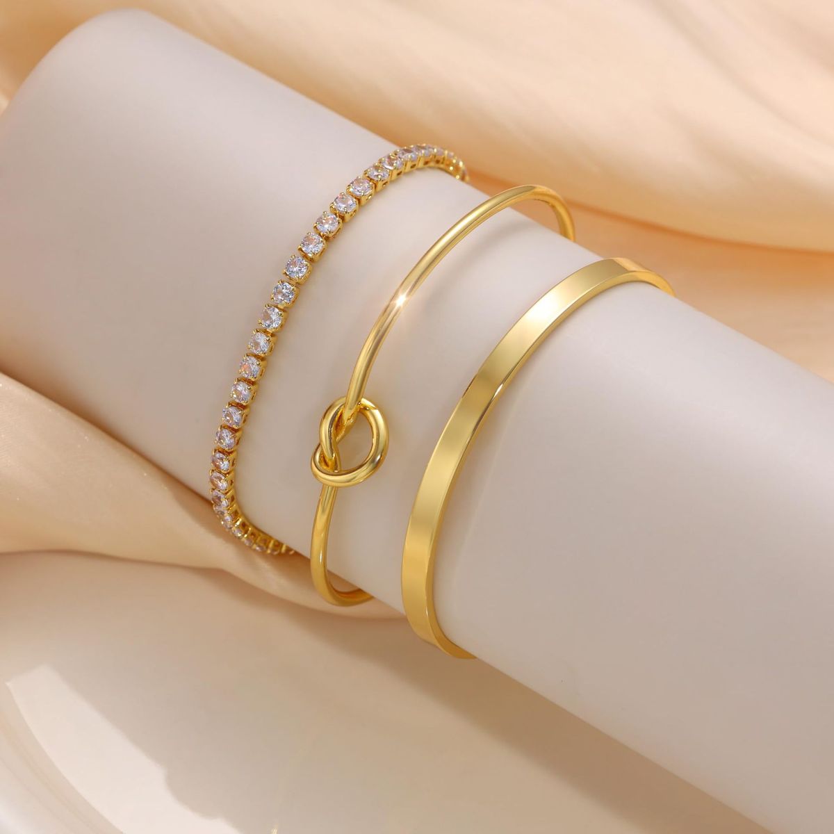 Brass Real Gold Electroplating Fashionable Zircon Inlaid Multi Layer Love Casual Ladies Bracelet Set_ipsvogv.com