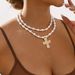 N12046 New Product Cross Pendant Necklace French Pearl Double Layer Stacked Collar Chain_ipsvogv.com