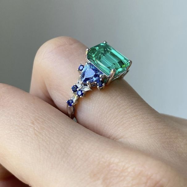 Sanjie Prosperous Full Silver Alloy Ring With Square Crystal Zirconia Set, Ladies' Water Green Diamond Handmade_ipsvogv.com