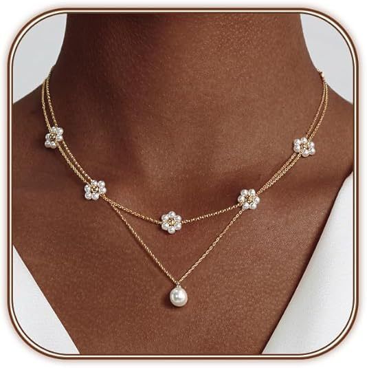 Personalized Niche High End Petal Clavicle Necklace Small Fragrance Style Copper Plated Flower Pearl Double Layered Necklace For Women_ipsvogv.com