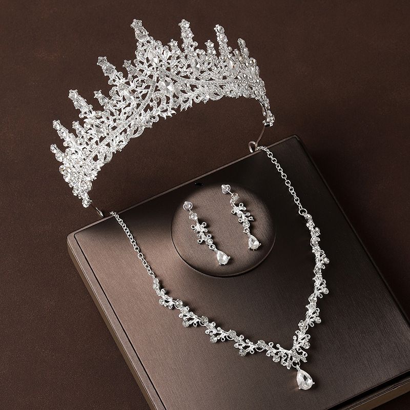 Crown headdress necklace earrings retro atmospheric rhinestone birthday crown hair accessories bride wedding dress three piece suit_ipsvogv.com