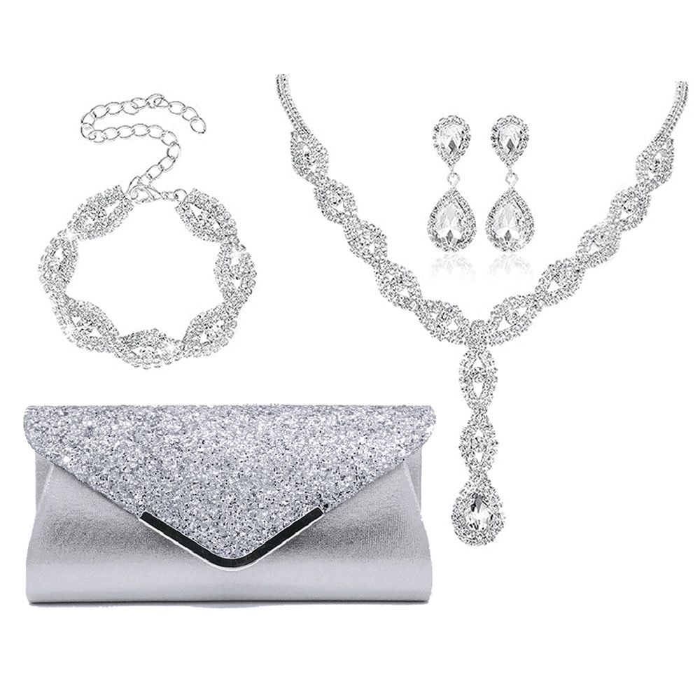 Bridal rhinestone water drop twist necklace earrings bracelet New diamond square box evening bag four piece set female_ipsvogv.com