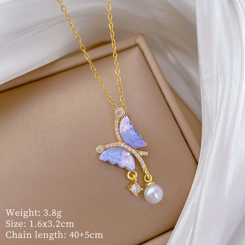 Blue 【 】 Butterfly Pearl Light Luxury Charm Gorgeous Full Diamond Necklace Women's Versatile Clavicle Chain Titanium 【 】_ipsvogv.com