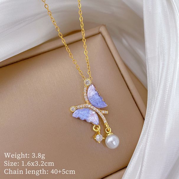 Blue 【 】 Butterfly Pearl Light Luxury Charm Gorgeous Full Diamond Necklace Women's Versatile Clavicle Chain Titanium 【 】_ipsvogv.com