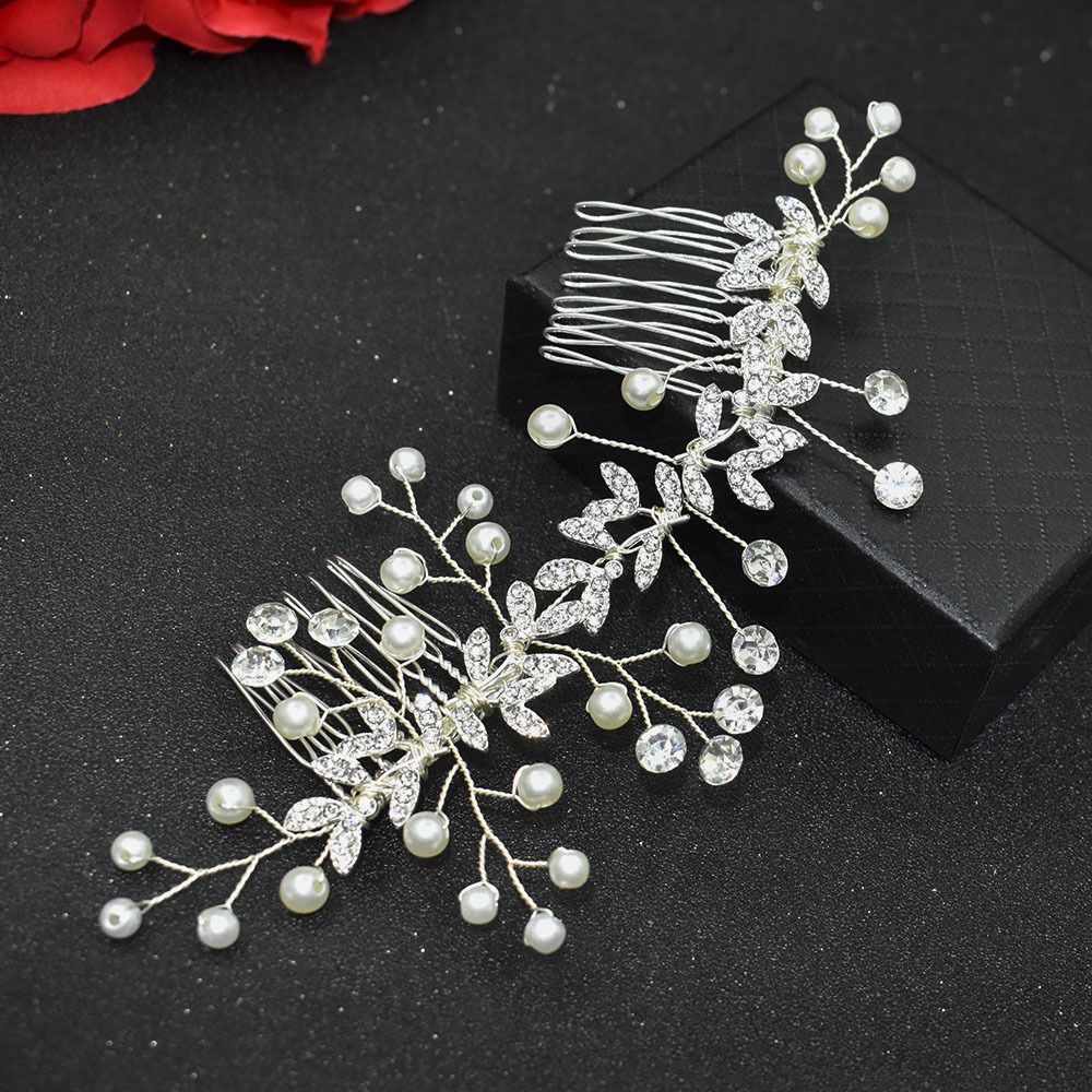Bridal Headdress Double Hair Comb Rhinestone Pearl Decoration Hair Accessories Side Decoration Insert Comb_ipsvogv.com