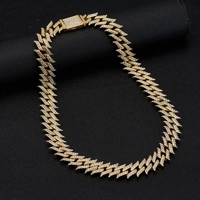 New Full Diamond Thorn Cuban Chain with High Quality Design and Sharp Sting 18mm Box Buckle Alloy Hip Hop Necklace_ipsvogv.com