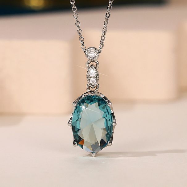 Cao Shi's New Luxury Light Sea Blue Simulation Ornament Oval Zircon Necklace Fashion Pendant Women's Clavicle_ipsvogv.com