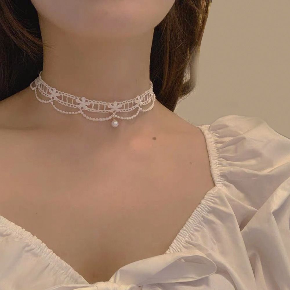 French Girl Black And White Lace Pearl Necklace Elegant Sweet Korean Style Atmosphere Collarbone Chain Choker_ipsvogv.com