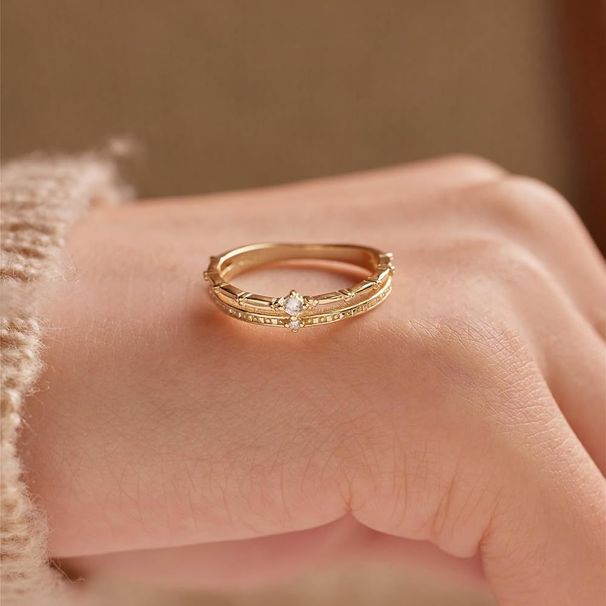 S925 Sterling Silver Ring For Women, High End Personality, Double Layer Niche Design, 14K Gold Plated Diamond Ring_ipsvogv.com