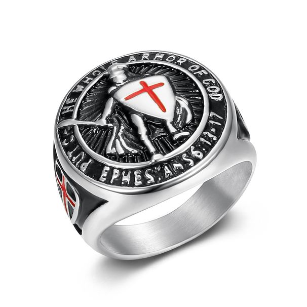 New Hip-Hop Men's Titanium Steel Gold-Plated Templar Red Cross Shield Ring_ipsvogv.com
