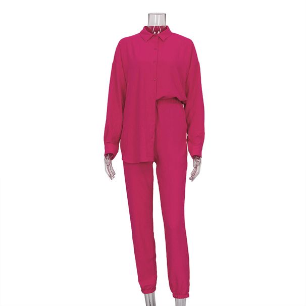 Women's Clothing new casual suit solid color lapel long-sleeved shirt top harem pants two-piece suit_ipsvogv.com
