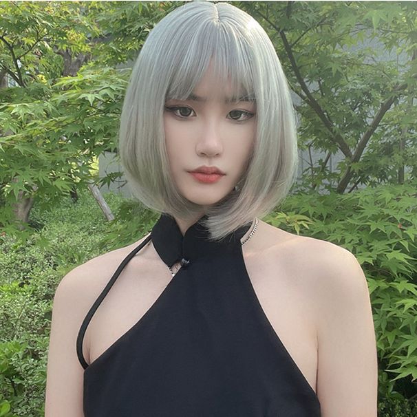 hot selling Grey Bob Synthetic Natural Hair with Fluffy Bangs for Women Short Straight Wigs Heat Resistant Daily Cosplay Wig_ipsvogv.com