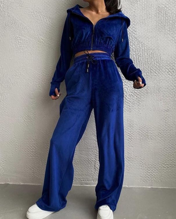 Women's Clothing Suit Solid Color Long Sleeve Zipper Hoodie Lace up Pants Two piece Set_ipsvogv.com