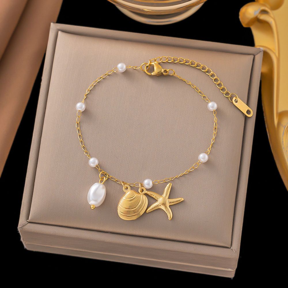 Shell Starfish Pearl Pendant Necklace, Women's Gold Stainless Steel Jewelry Necklace Accessories_ipsvogv.com