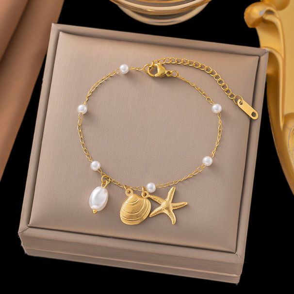 Shell Starfish Pearl Pendant Necklace, Women's Gold Stainless Steel Jewelry Necklace Accessories_ipsvogv.com