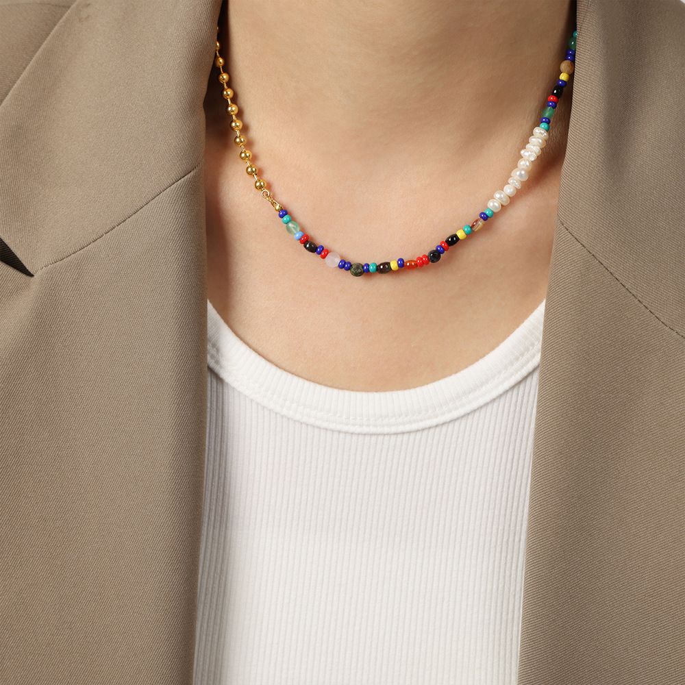 Ins Style Mixed With Natural Stone Design, Freshwater Pearl Titanium Steel Necklace, Round Bead Chain, Versatile_ipsvogv.com