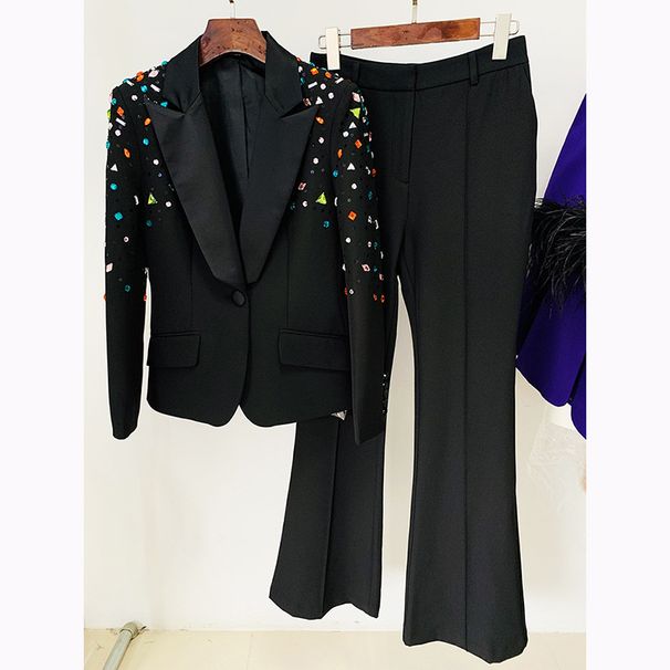 Women's Clothing fashion new heavy duty nail beads diamond slim fit suit jacket flared trousers suit two pieces_ipsvogv.com