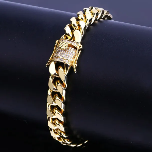 6mm-14mm Hip Hop Cuban Chain Bracelet Full Zircon Dragon Buckle Real Gold Plated Cool Men Bangle Jewelrys Gifts_ipsvogv.com