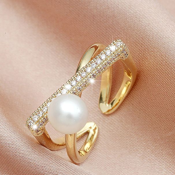 Unisex Simple And Fashionable Commuter Style Ring For Women Pearl Inlaid Zircon Ring Open Ring Fashionable Temperament Niche_ipsvogv.com