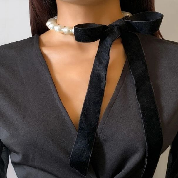 Trendy Jewelry Black Ribbon Knot Choker Clavicle Chain Fashion Pearl Necklace_ipsvogv.com