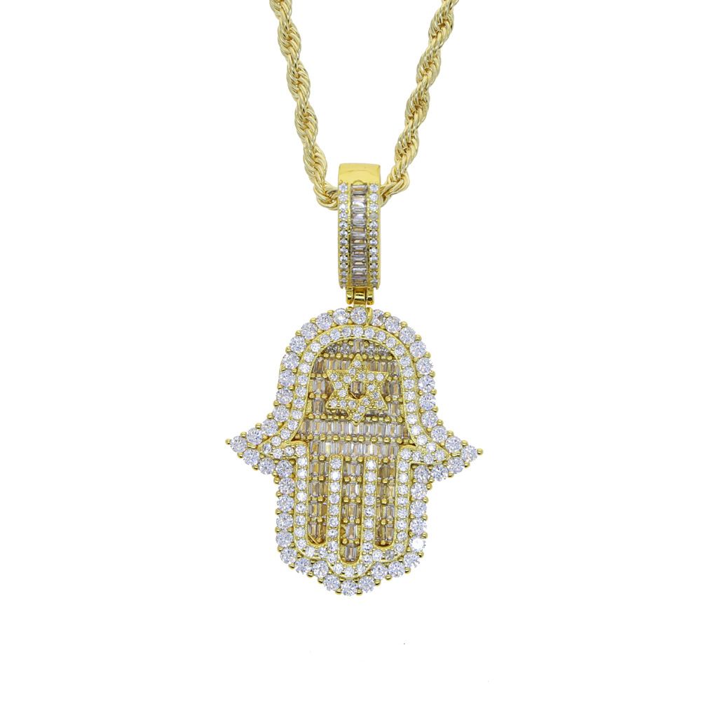 Hip Hop New Star Palm Pendant With Full Diamond Men's Necklace_ipsvogv.com