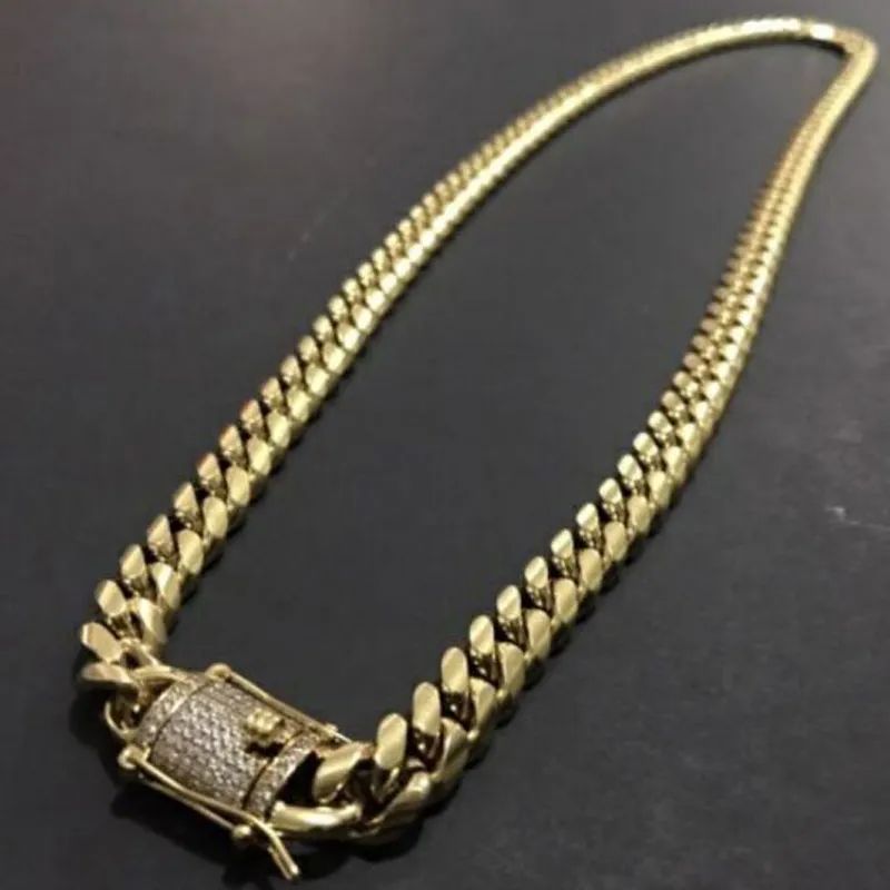 Mens Gold Tone 316L Stainless Steel Necklace Curb Cuban K Chain With Dias Clasp Lock 8mm/10mm/12mm/14mm/16mm/18m_ipsvogv.com