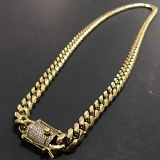 Mens Gold Tone 316L Stainless Steel Necklace Curb Cuban K Chain With Dias Clasp Lock 8mm/10mm/12mm/14mm/16mm/18m_ipsvogv.com