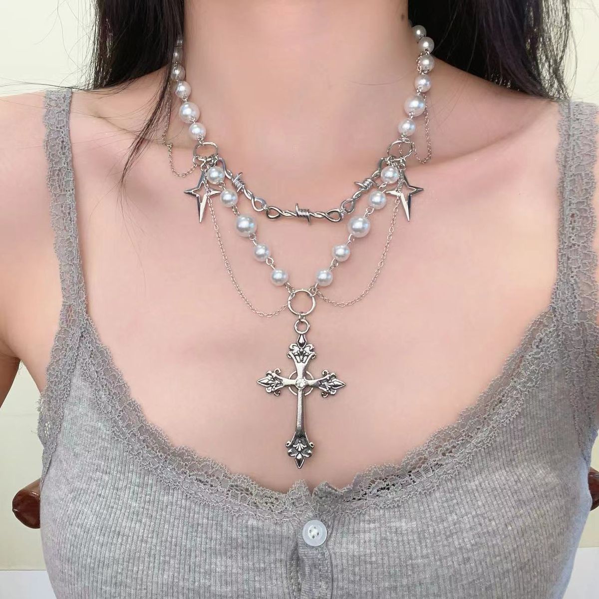 Unisex Black Pearl Dark Necklace Heavy Gothic Punk Multi Layer Choker Stacked Retro Pendant Cross Clavicle Chain_ipsvogv.com