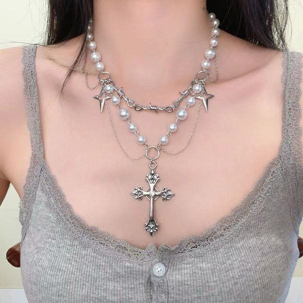 Unisex Black Pearl Dark Necklace Heavy Gothic Punk Multi Layer Choker Stacked Retro Pendant Cross Clavicle Chain_ipsvogv.com