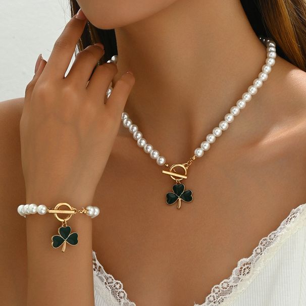 2024 Simple Heart Shaped Clover Women's Necklace, Bracelet, Jewelry Set, niche bead design, collarbone chain bracelet_ipsvogv.com