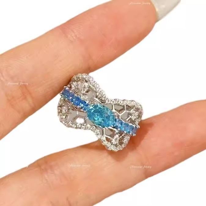 antique Blue Sea Zircon Treasure Same Diamond Hollow Lace Mesh Ring_ipsvogv.com