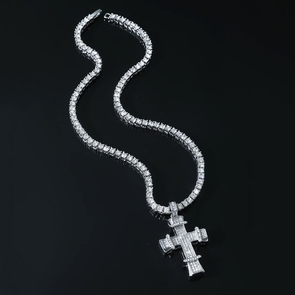 Hip Hop Personality Diamond-Studded Cross Pendant Necklace Men's Cool Disco Tennis Chain Jewelry_ipsvogv.com