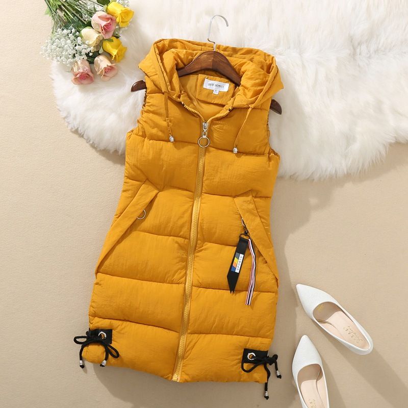 Down padded waistcoat for women autumn-winter sleeveless vest mid-length hooded vest_ipsvogv.com