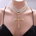 Cyberpunk Style Cross Necklace, Fashionable Exaggerated, With Micro Inlaid Pearls And Multi-layer Layered_ipsvogv.com