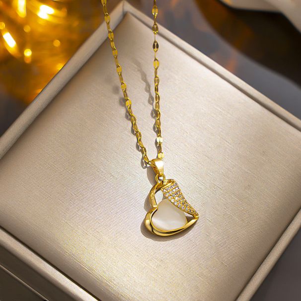 Loving Gold Plated Colorless Titanium Steel Necklace with Minimal Setting, Light Luxury Feeling, Cat Eye Stone Pendant,_ipsvogv.com