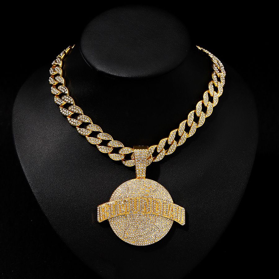 Alloy Full Diamond Pendant Hip Hop Style Cuban Round Brand Large Necklace Exaggerated Clothing Accessories_ipsvogv.com