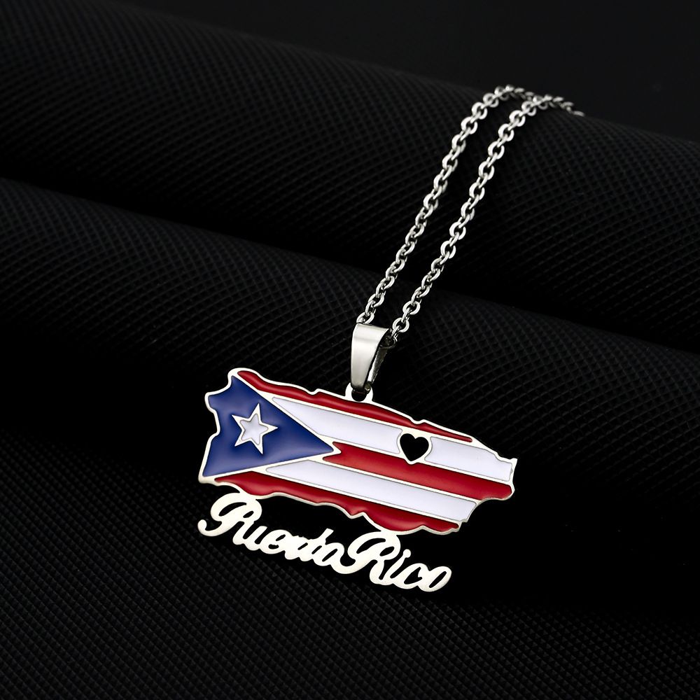 vintage oil drip stainless steel Puerto Rico map flag pendant necklace men and women hot selling accessories new products_ipsvogv.com