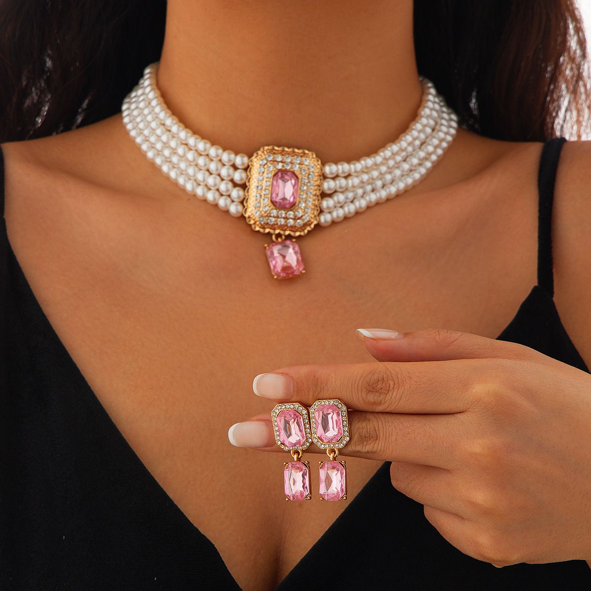 Retro square full diamond gem pearl choker necklace temperament French multi layer necklace_ipsvogv.com