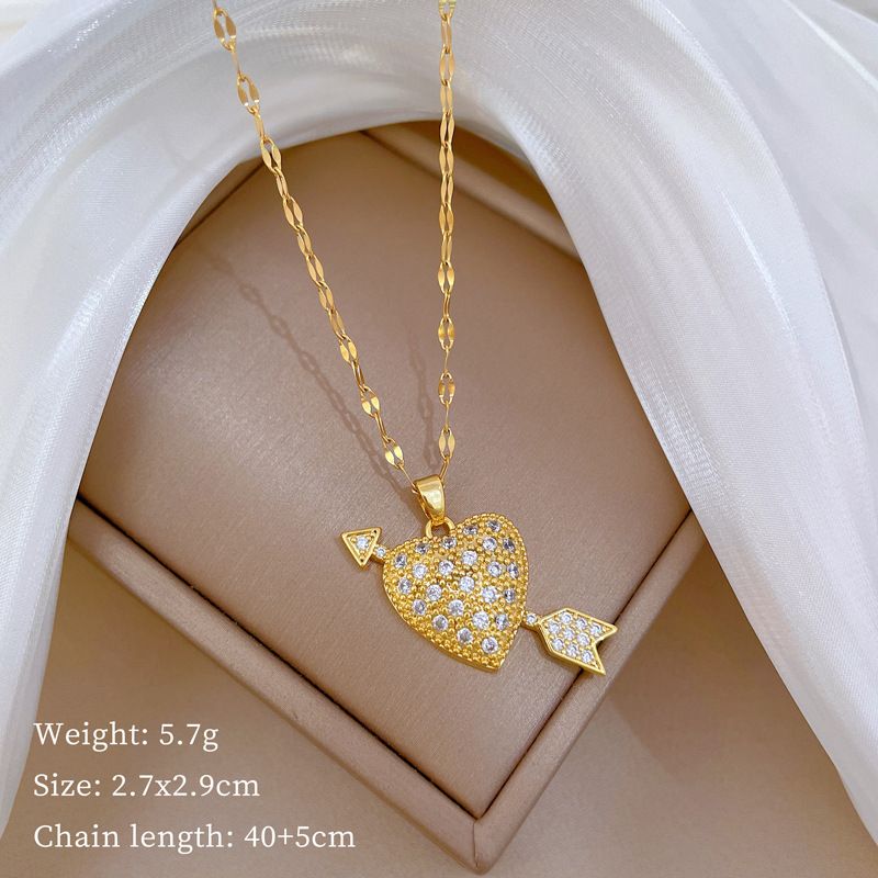 Steel 【 Titanium 】 Heart Piercing Arrow, Light Luxury Temperament, Gorgeous Full Diamond Necklace, Women's Versatile 【 】 Arrow, Temperament, Necklace,_ipsvogv.com