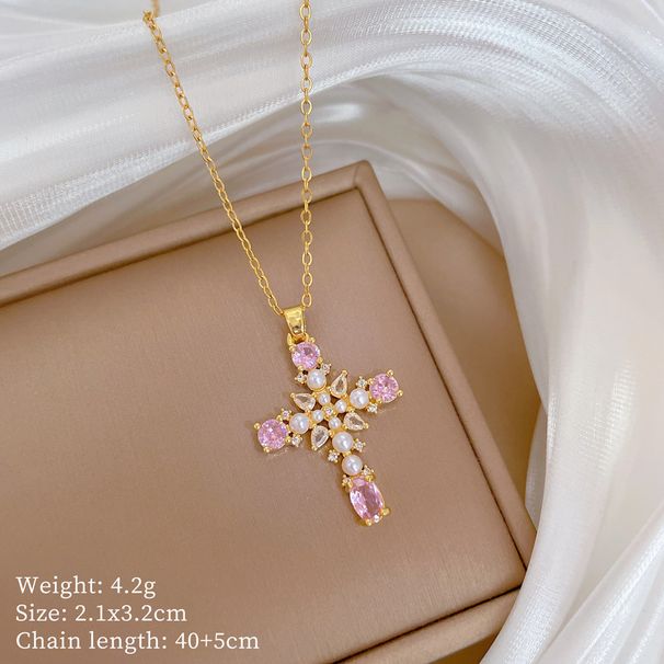 】 Pearl 【 Cross Light Luxury Charm Gorgeous Full Diamond Necklace Women's Versatile Clavicle Titanium Steel Chain 【 】_ipsvogv.com
