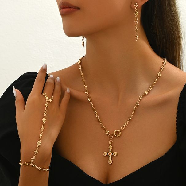 Fashion women's necklace, earrings, jewelry set, personalized cross inlay design, bracelet, versatile accessories_ipsvogv.com