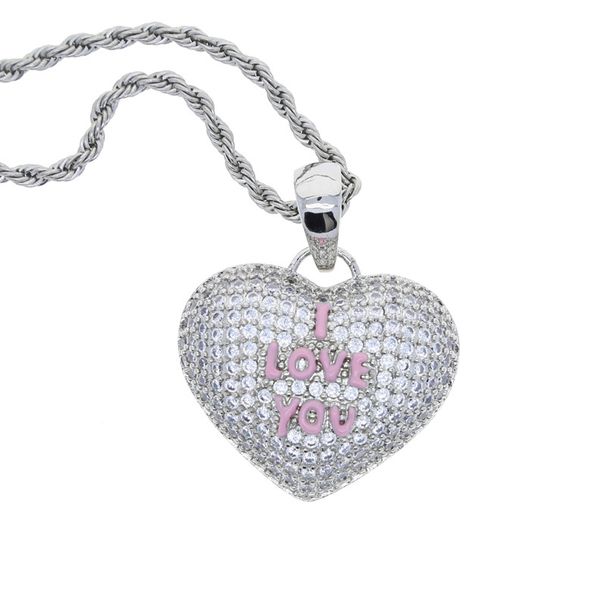 Heart-Shaped Cubic Zirconia Pendant Necklace For Couples, Trendy Hip-Hop Style With Pink Enamel "I LOVE YOU" Design, Adjustable Chain 51-80cm_ipsvogv.com