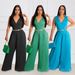 Women's Clothing sleeveless temperament casual V neck waist pleated loose wide leg jumpsuit_ipsvogv.com