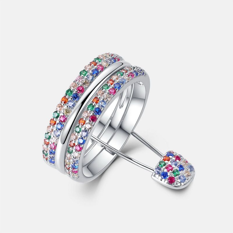 new Double Row Color Zircon Stacking Ring Female S925 Silver Inlaid Rainbow Zircon Ring Brooch Two Wear_ipsvogv.com