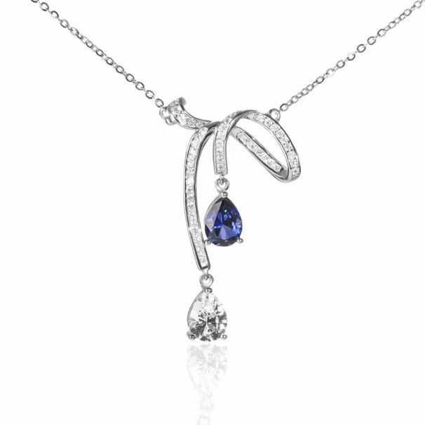 Trendy Small White Silver Aurora Ribbon Knot Tassel Water Drop Necklace For Women High-end Luxury Fashionable Ins Style_ipsvogv.com