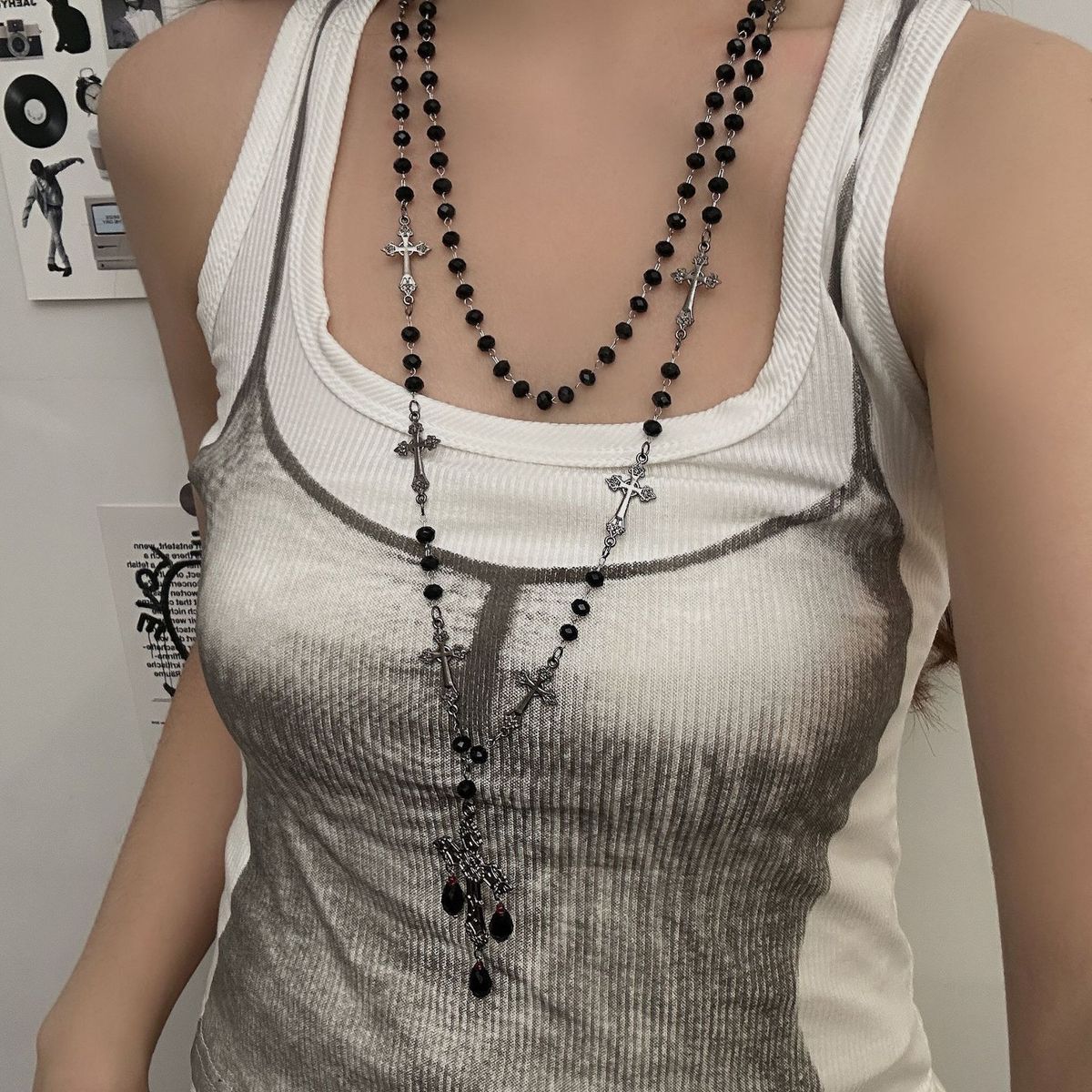 Gothic Punk Style Black Cross Beaded Necklace Women's Long Sweater Chain Niche Design Sweater Chain Accessories_ipsvogv.com