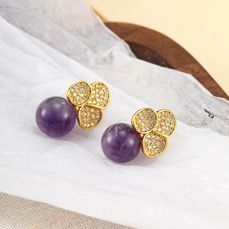 French New Fashionable Full Diamond Petals Inlaid with Natural Amethyst Stones, Simple Earrings, Exquisite and Elegant_ipsvogv.com