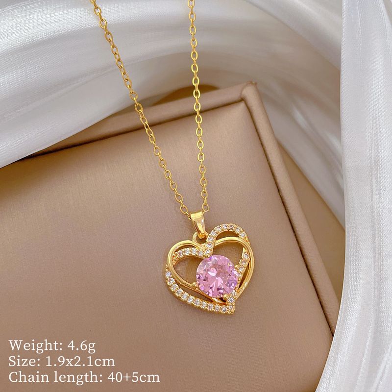Pink 【 】 Double Layered Love Light Luxury Charm Gorgeous Full Diamond Necklace Women's Versatile Clavicle Chain Titanium 【 】_ipsvogv.com