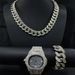 Hot Selling Full Diamond Watch 20mm Cuban Necklace Bracelet Men's Hip-hop Jewelry Set Straight_ipsvogv.com